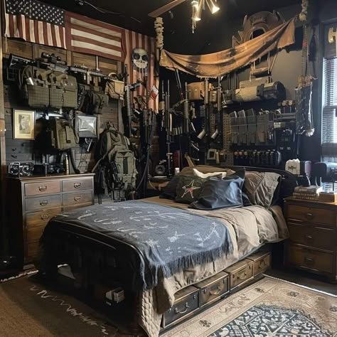 Post Apocalyptic Room Design, Zombie Apocalypse Room Ideas, Army Themed Bedroom, Army Barracks Room Decor, Military Themed Bedroom, Apocalypse Bedroom, Apocalyptic Bedroom, Military Room Ideas, Military Bedroom Ideas