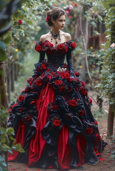 Red Gown Princess, Black And Red Princess Dress, Black And Red Fantasy Dress, Vampire Dresses, Roses Outfit, Black And Red Dress, Gothic Victorian Dresses, Gothic Wedding Dress, Fancy Gowns