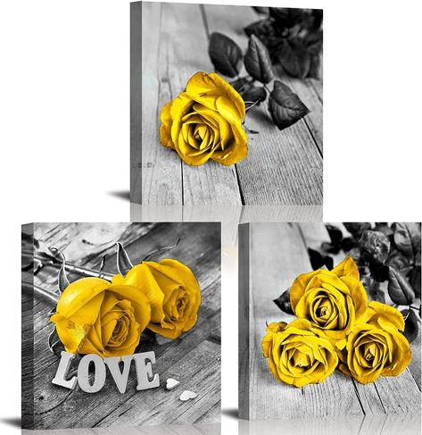 Yellow Wall Decor Bathroom Pictures Accessories Rose Flower Canvas Wall Art Black and White Floral Paintings for Couples Bedroom Romantic Living Room Artwork Valentines Home Decorations 12x12”3Pcs Pictures For Kitchen Walls, Wall Decor For Kitchen, Yellow Wall Decor, Yellow Rose Flower, Decor For Kitchen, Flower Canvas Wall Art, Flower Canvas, Wall Art Canvas Painting, Kitchen Wall Decor