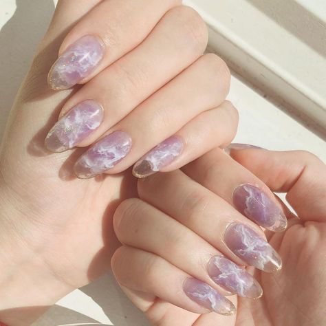 Marble Jelly Nails, Jelly Marble Nails, Lavender Jelly Nails, Lilac Nails Korean, Lilac Jelly Nails, Lilac And Gold Nails, Marble Lavender Nails, Lilac Marble Nails, Lilac And White Marble Nails