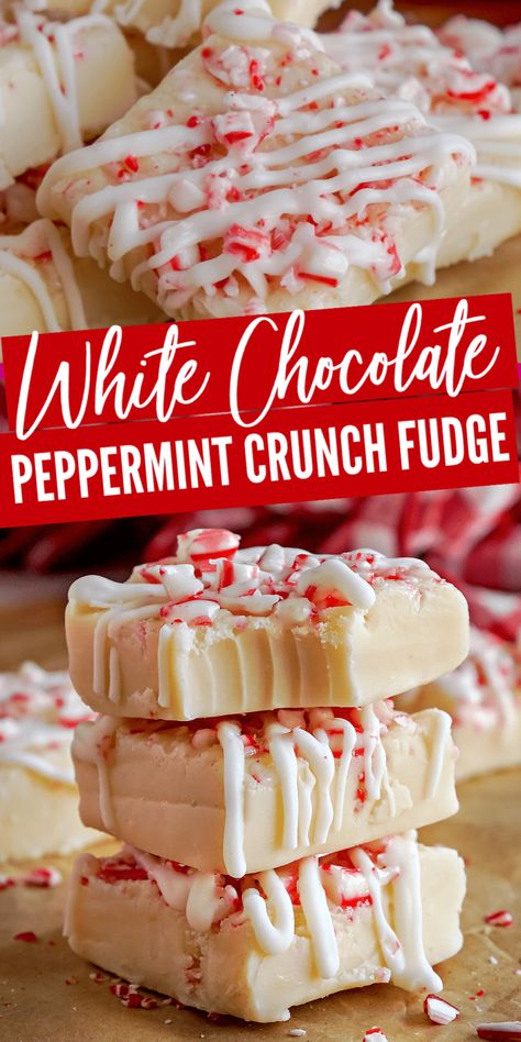 Peppermint Fudge! Easy Peppermint Crunch Fudge with White Chocolate! This easy fudge recipe is perfect for Christmas or Valentine's Day! Make it for Winter or as a fun addition to a Hot Chocolate Bar! #lemonpeony #peppermint #fudge #peppermintcandy #fudgerecipe #nobaketreat #nobake #holiday Peppermint Fudge Easy, Vanilla Fudge Recipe, Christmas Fudge Recipes Easy, Vanilla Fudge Recipes, Peppermint Fudge Recipe, Chocolate Treats Easy, White Chocolate Fudge Recipes, Peppermint Cookie Recipe, White Chocolate Peppermint Bark