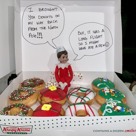 Elf On The Shelf Welcome Back Gift, Elf On The Shelf Saint Nicholas Day, Elf Lunch Ideas, Elf With Donut Ideas, Elf On The Shelf Krispy Kreme, Elf And Donut Ideas, Elf On The Shelf Donuts Ideas, Elf On The Shelf Going Back To The North Pole, Elf Doughnut Ideas