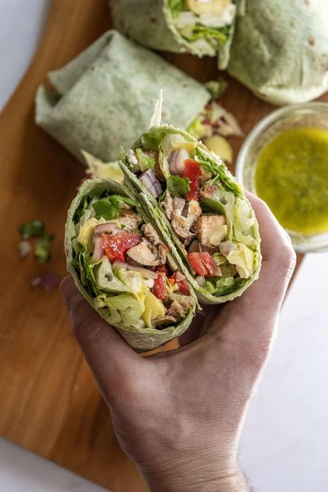 Mediterranean Chicken Wrap - Always From Scratch Lemon Basil Vinaigrette Dressing, Chicken Roasted Red Peppers, Mediterranean Chicken Wrap, Mediterranean Diet Chicken, Lemon Basil Dressing, Goat Cheese Burger, Mediterranean Diet Recipes Breakfast, Chicken Wrap Recipe, Mediterranean Chicken Recipes