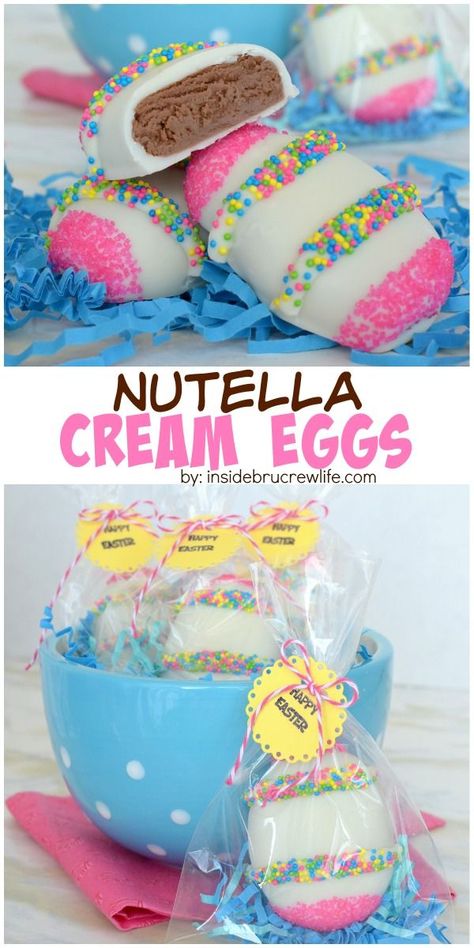 These fun Nutella cream eggs are dipped in white chocolate and decorated with sprinkles.  They make an adorable treat for Easter baskets. Easter Egg Dessert Ideas, Candy Easter Eggs, Easter Candy Ideas, Cream Easter Eggs, Nutella Cream, Cream Eggs, Easy Easter Treats, Easy Easter Desserts, Egg Ideas