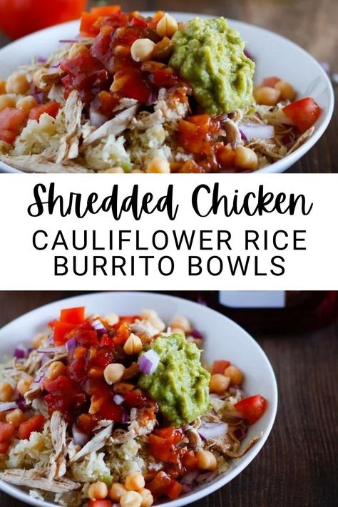 A quick and delicious go-to chicken burrito bowl perfect for any night of the week! Rice Burrito Bowl, Shredded Chicken Burrito, Chicken Cauliflower Rice, Rice Burrito, Spicy Guacamole, Chicken Cauliflower, Seasoned Veggies, Chicken Burrito, Peach Salsa