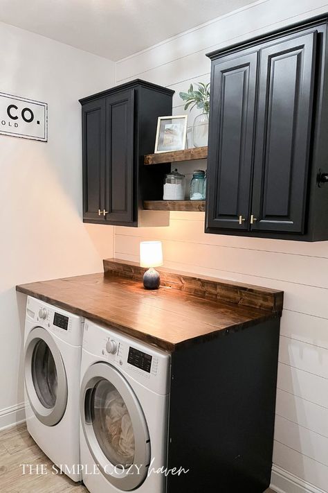 Black And Tan Laundry Room, Black White And Brown Laundry Room, Dark Brown Laundry Room, Black And Brown Laundry Room, Black Ceiling Laundry Room, Laundry Room With Wood Countertops, Small Laundry Room Front Loaders, Black Wall Laundry Room, Green And Black Laundry Room