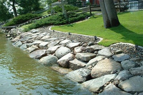 Lakeshore riprap with a nice flat stone stair. Lake Landscaping, Lake Minnetonka, Lakefront Living, Lakeside Living, Pond Landscaping, Erosion Control, Rock Rock, Lake Living, River Bank