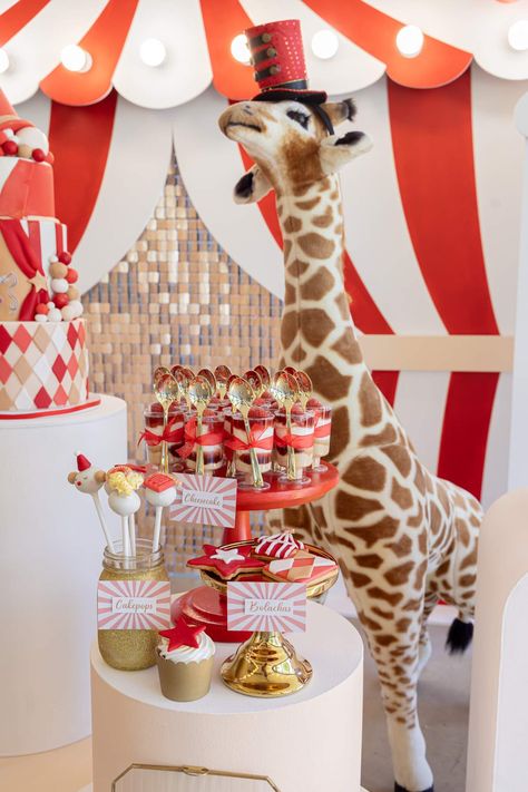 Circus Birthday Party  | CatchMyParty.com Circus 1st Birthday Party Boy, Three Ring Circus Birthday Party, First Birthday Circus Theme, Circus Theme Centerpieces, Circus Party Ideas, Vintage Circus Birthday Party, Circus First Birthday, Carnival Birthday Party Ideas, Circus 1st Birthdays