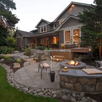 Hot Tub And Firepit Patio Ideas - Photos & Ideas | Houzz Colonial Landscaping, Hot Tub Landscaping, Hot Tub Patio, Patio Layout, Hot Tub Backyard, Backyard Entertaining, Beautiful Outdoor Spaces, Fire Features, Fire Pit Patio