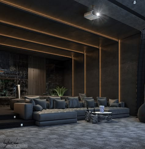 home theater on Behance Coffered Ceiling Theater Room, Large Tv Wall Design, Projector Room Design, Home Theatre Design Modern, Home Theater Design Modern, Modern Theater Room, Home Theatre Design Interiors, Home Theatre Ideas, Home Theater Design Luxury