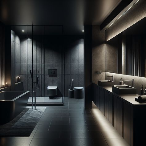 This modern bachelor's bathroom features sleek black granite countertops, dramatic charcoal walls, a high-end faucet, an airy walk-in shower with matte tiles, a plush freestanding bathtub by a floor-to-ceiling window, dark wood cabinets and a comfy, grey bath mat. #ModernBathroom #BachelorLiving #SleekDesign #GraniteCountertops #LuxuryBath #InteriorDesign Dark Luxury Bathroom Master Baths, Dark Bathroom Floor Tile, Bachelor Bathroom, Minimalist Bathroom Ideas, Matte Tiles, Modern Black Bathroom, Grey Bath Mat, Ceiling Window, Grey Bath