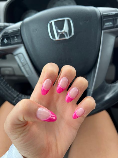 Fuchsia Pink French Tip Nails, Double French Pink Nails, Fuschia Pink French Tip Nails, Double Pink Nails, French Tip With Color Line Under, Fuschia Nails French Tip, Bubble Gum French Nails, Hot Pink And Light Pink French Nails, Two Toned Pink French Tip Nails