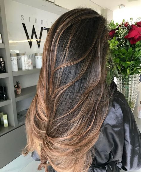 Middle Part Brown Hair With Highlights, Brown Hair Highlights Aesthetic, Middle Part With Brown Highlights, Highlights Brown Hair Blowout, Caramel Brown Hair Aesthetic, Walnut Hair, Hair Color Caramel, Hair Idea, Hair Inspiration Color