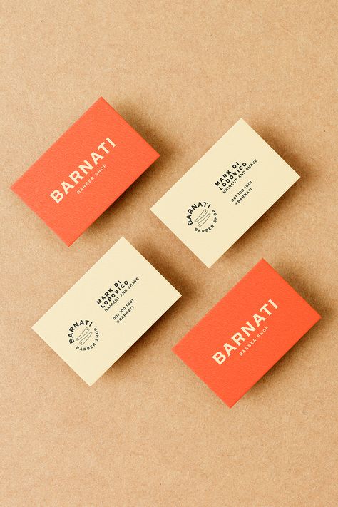 Retro vibe but with a modern twist! An artistic business card design by Andreza Soares for Barnati, a barber shop with an old but modernized footprint and focused on providing quality service in a welcoming environment for customers. #businesscards #branding #identity #graphicdesign #brandinspiration #branddesign #namecards #typography #wordmark #businesscard #businesscarddesign Business Card One Side, Barber Shop Branding, Nice Business Cards, Name Card Design Business, Shop Card Design, Retro Brand Identity, Barber Branding, Barber Shop Business Cards, Artist Business Cards Design