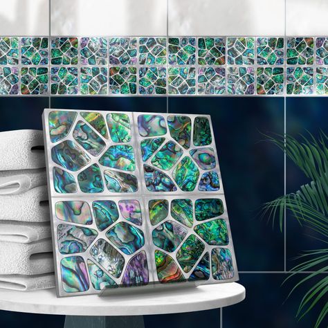 Fun Bathroom Tile, Sea Theme Bathroom, Tile Mirror Frame, Shower Accent Tile, Pearl Ceramic, Ocean Themed Bathroom, Shell Texture, Theme Bathroom, Fun Bathroom