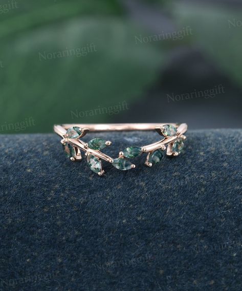 Marquise Cut Moss Agate Wedding Band Vintage Delicate Rose Gold Wedding Band Leaf Branch Band Bridal Antique Women Matching Anniversary Ring - Etsy Wedd8ng Ring, Vintage Wedding Rings Dainty, Wedding Band Rings Women, Wedding Rings Delicate, Matching Moss Agate Wedding Rings, Nature Inspired Rings Engagement, Earthy Wedding Rings, Moss Agate Wedding Band, Branch Wedding Band