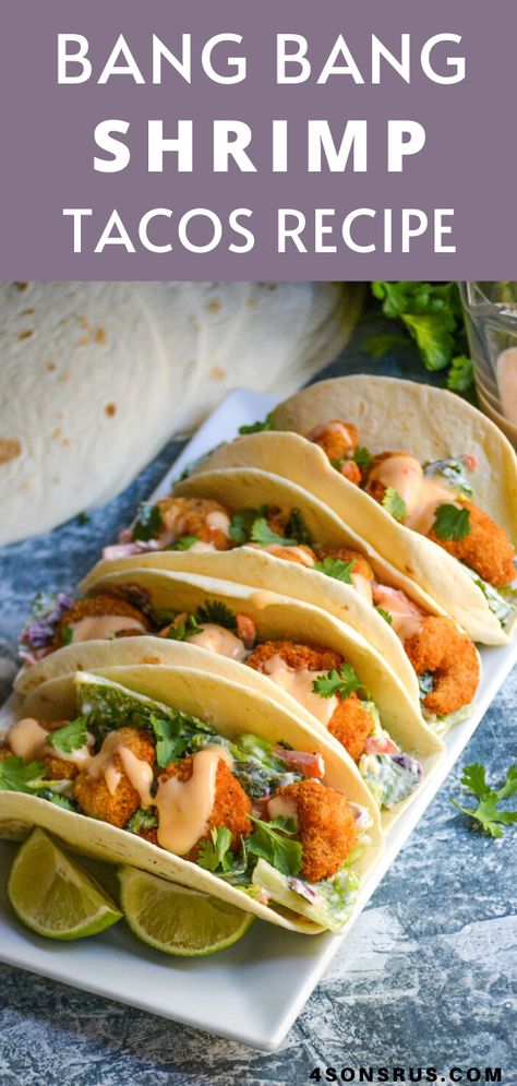 Bang Bang shrimp tacos give you the taste of the popular Bonefish Grill dish right at home. This quick seafood recipe creates a dinner full of flavors everyone will love! With crispy fried shrimp, creamy coleslaw, and sweet and spicy sauce- you’ll be making this meal over and over again. #tacos #tacorecipe #recipe #dinner Bang Bang Shrimp Tacos, Crispy Fried Shrimp, Shrimp Taco, Quick Seafood Recipes, Shrimp Taco Recipes, Bonefish Grill, Bang Bang Shrimp, Seafood Recipe, Sweet And Spicy Sauce