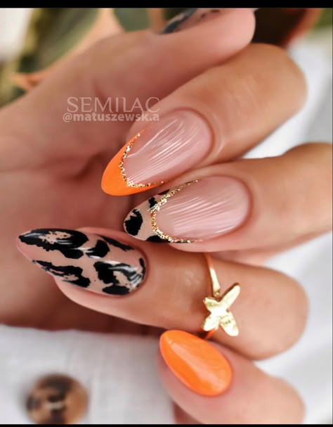 Nude Nail Designs Summer, Orange And Leopard Nails, Fun Almond Nail Designs, Nail Magic, Almond Acrylic, Orange Nail Designs, Leopard Print Nails, Her Nails, Leopard Nails