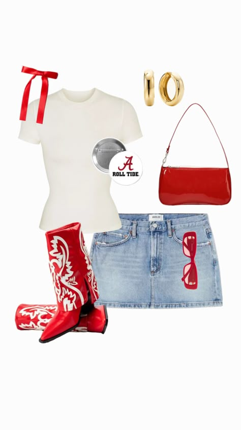 alabama gameday outfit🤍 Game Day Outfit Mississippi State, Gameday Outfit Inspiration, South Alabama Jaguars, Alabama Tailgate Outfit, University Of Cincinnati Game Day Outfit, Game Day Tops, Bama Football Outfits, Red College Game Day Outfit, Custom Gameday Outfits