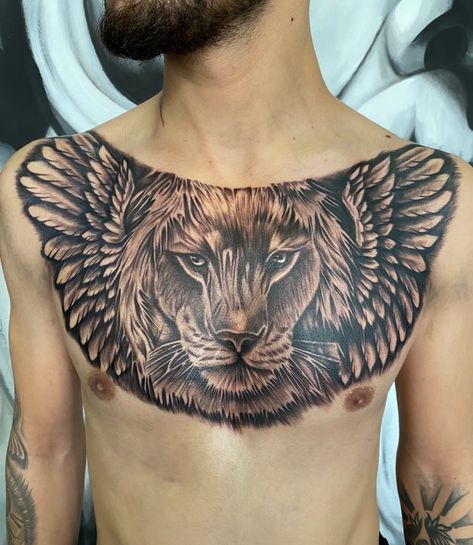 Wing and Lion Tattoo Lion Tattoo Design For Men, Chest Lion Tattoo, Women Lion Tattoo, Lion Chest Tattoo, Lion With Wings, Tattoo Design For Men, Lion Tattoo Ideas, Tattoo Koi, Winged Lion