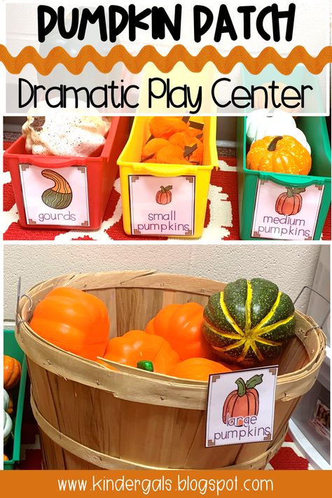 Set up this Pumpkin Patch in your dramatic play/house area for the kids in your class.  You will find ideas and printables for easy set up of this center that builds both literacy and math kindergarten and preschool standards. This fall themed DIY activity is perfect for kids. #fall #pumpkins #dramaticplay Pumpkin Patch Ideas For Preschool, Fall Center Ideas For Preschool, Fall Dramatic Play Area Preschool, Fall Preschool Classroom Decor, Fall Theme For Preschool Classroom, Diy Pumpkin Patch For Kids, Ideas For Dramatic Play Area Classroom, Fall Dramatic Play Toddlers, Preschool Fall Dramatic Play Ideas