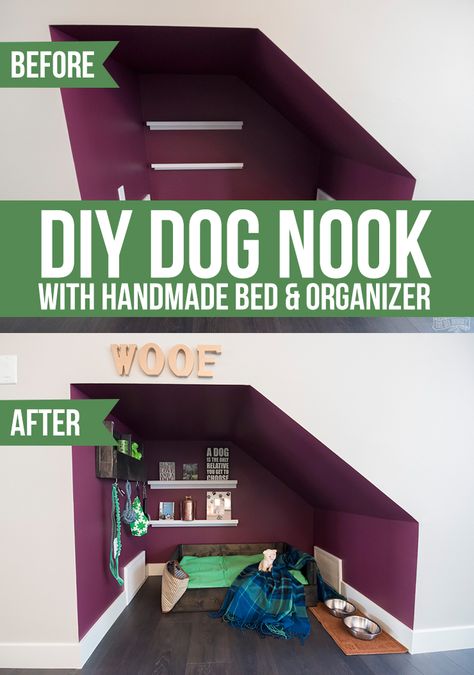 DIY Under Stairs Dog Nook with Handmade Dog Bed & Organizer | The DIY Mommy Stairs Nook, Bed Under Stairs, Under Stairs Dog House, Dog Nook, Under Stairs Nook, Bed Organizer, Stair Nook, Handmade Dog Beds, Rustic Bed