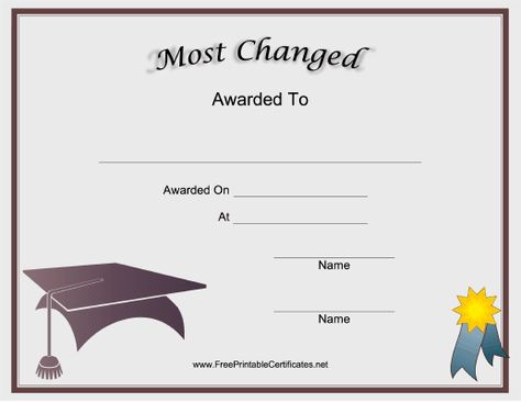 This printable certificate for a high school or college class reunion features a graduation cap and honors the alumnus who has changed the most since leaving the school. Free to download and print Family Reunion Favors, Class Reunion Decorations, Reunion Decorations, High School Reunion, Printable Certificates, School Reunion, College Classes, Class Reunion, Family Reunion