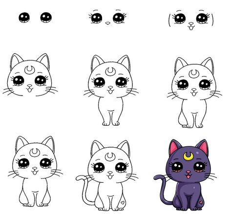 9 Simple Steps To Create Luna Drawing – How To Draw Luna From Sailor Moon How To Draw Sailor Moon Step By Step, Luna From Sailor Moon, Sailor Luna, Sailor Moon Cat, Moon Cartoon, Cat Drawing Tutorial, Cartoon Drawings Of Animals, Cute Eyes Drawing, Messy Art