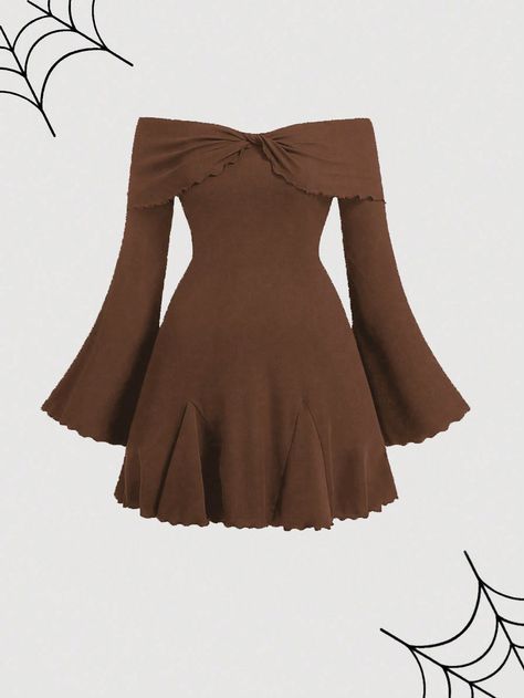 Plus Size Black Off-Shoulder Sweet Bell Sleeve Ruffle Hem Knit Dress Brown Elegant  Long Sleeve Knitted Fabric Plain A Line High Stretch  Women Plus Clothing, size features are:Bust: ,Length: ,Sleeve Length: Brown Long Sleeve Dress, Black Off Shoulder, Fairy Fashion, Plus Size Vintage, Beige Dresses, Brown Dress, Halloween Dress, 15 Dresses, Fall Dresses