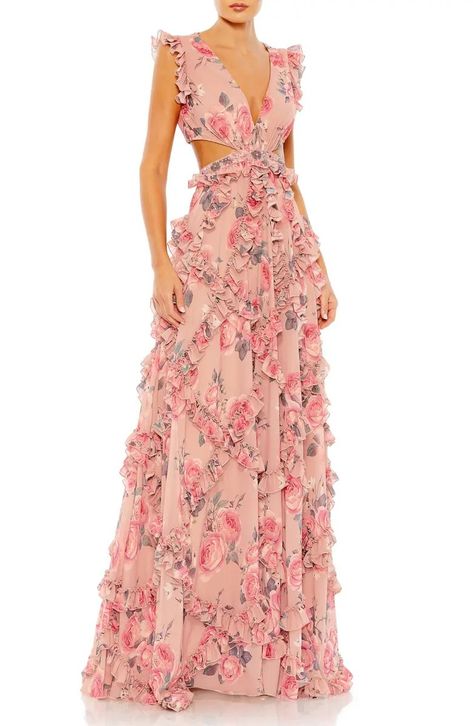 Pink Ruffled Floral Maxi Dress #weddingguestdress #bridesmaiddress  #pinkdress Mac Duggal Dresses Mac Duggal, Mac Dugall Gowns, Max Duggal Dress, Pink Maid Of Honor Dress, Pink Floral Gown, Chiffon Formal Dress, V Neck Gown, Shower Photography, Prom 2024