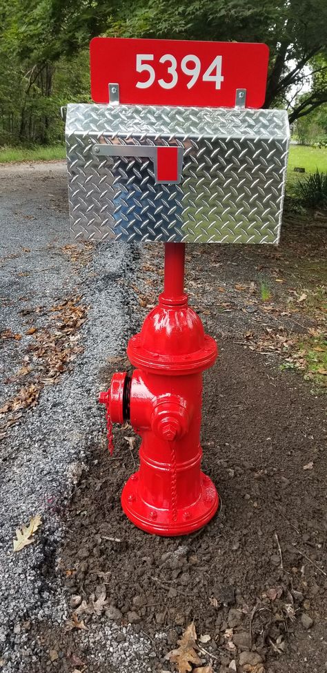 I had the mail box made out of diamond plate and attached it to a fire hydrant i had sand blasted and powder coated. Old Fire Hydrant Ideas, Firefighter Bar, Fireman Gifts, Fire Department Decor, Fdny Patches, Firefighter Home Decor, Mailbox Ideas, Firefighter Decor, Firemen Gifts