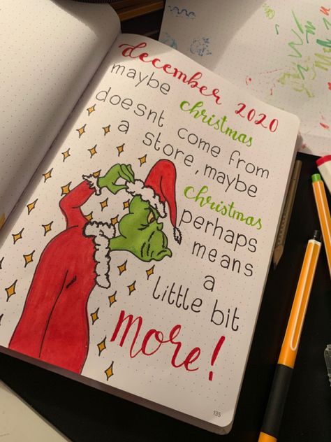 December Dot Journal Ideas, Grinch Bullet Journal, Christmas Notebook Ideas, Christmas Journal Ideas, Christmas Journal Pages, Pink Christmas Bedroom, Christmas Diary, Christmas Journaling, Christmas Notebook