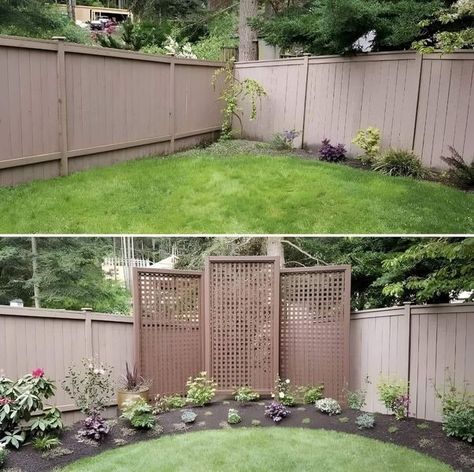 Creative Gardening | I reorganized the corner of my garden that I found bland. | Facebook Corner Fence, Decorating Garden, Backyard Privacy, Corner Garden, Waterfalls Backyard, Garden Aesthetic, Garden Swing, Fence Landscaping, Creative Gardening