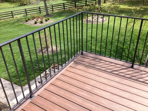 Black Metal Deck Railing, Black Outdoor Railing, Wrought Iron Porch Railings, Vinyl Deck Railing, Metal Deck Railing, Black Railing, Deck Railing Systems, Front Porch Railings, Outdoor Stair Railing