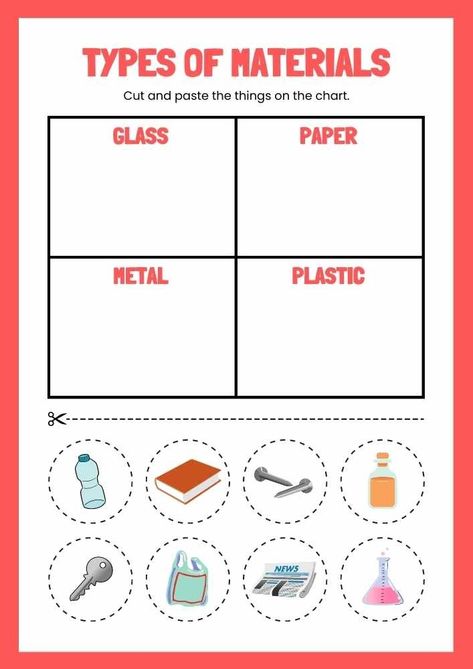 Types of Materials English Cut And Paste Worksheet Materials Worksheet For Grade 1, Objects And Materials Grade 1, Properties Of Materials Grade 1, Properties Of Materials Worksheet, Materials Worksheet, Human Body Worksheets, States Of Matter Worksheet, Tactile Activities, Matter Worksheets