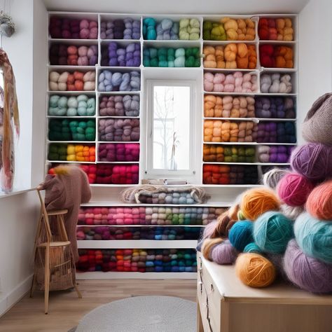 How to Create a Knitting Room with an IKEA Kallax Unit and Inserts Cute Yarn Storage Ideas, Kallax Yarn Storage, Ikea Yarn Storage, Craft Room Yarn Storage Ideas, Yarn Wall Storage, Yarn Storage Wall, Yarn Storage Ideas Small Spaces, Knitting Room Ideas, Yarn Storage Solutions