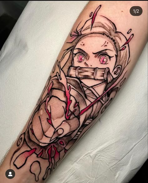 Tanjiro X Nezuko Tattoo, Tomb Raider Tattoo Design, Nezuko Eyes Tattoo, Demon Slayer Tattoo Ideas Nezuko, Demon Slayer Tattoo Nezuko, Zenitsu Tattoo Ideas, Nezuko Vine Tattoo, Demon Slayer Nezuko Tattoo, Tattoos On Arm For Women