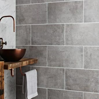 Grey Bathroom Wall Tiles, Gray Bathroom Walls, Dark Gray Bathroom, Grey Bathroom Tiles, Grey Floor Tiles, Modern Bathroom Tile, Topps Tiles, Bathroom Wall Panels, Grey Bathroom