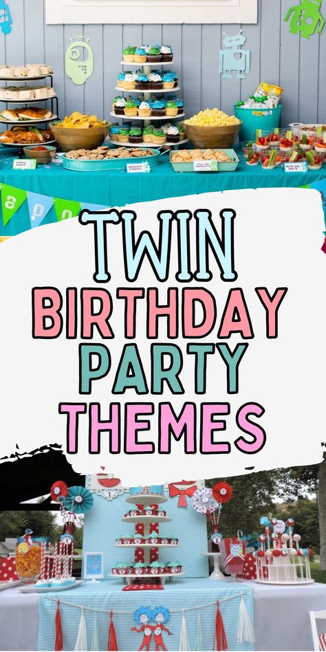 Twin Themed Food, Twins Fourth Birthday, Twin Theme Party Ideas, Twins 3rd Birthday Party Themes, Twins First Bday Theme, 3 Year Twin Birthday, One Year Birthday Twins, Twins 2nd Birthday Cake, Irish Twin Birthday Party Ideas