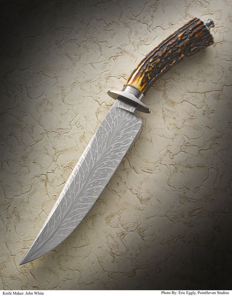 This feather pattern Damascus blade Bowie with a Stag handle by Master Smith John White was awarded "Best Bowie" at the 2013 Blade Show in Atlanta. For more information contact John White johnwhiteknives@gmail.com Damascus Knives, Knife Skill, Hand Forged Knife, Handcrafted Knife, Railroad Spikes, Types Of Knives, Damascus Blade, Forged Knife, Damascus Knife