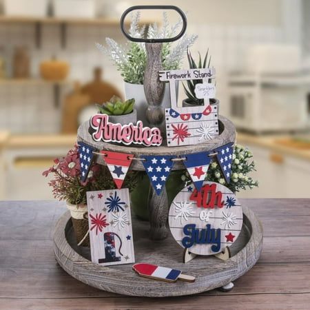 Welcome to Ruifushidai Home Kitchen Products online mall, improve the quality of life, come to choose beautiful and practical Home Kitchen goods!4th Of July Tiered Tray Decor Set Rustic Patriotic Independence Day Decoration Glow Vintage Farmhouse Memorial Day Tiered Tray Sign Features: The new artificial flower basket garland is made of fabric. This wreath is so pretty and made of love, happiness, positive thoughts and smiles! A wreath made of vines and decorated with fresh flowers is very pretty. This wreath is the perfect way to welcome family and friends. You will be neighbors and passers-by. This is a beautiful wreath gift to hang on the door. Don't forget, this would make a great Fourth of July, birthday, wedding, housewarming, Father's Day gift, or just to celebrate someone's day. Su Patriotic Table Decorations, 4th Of July Tiered Tray Decor, Fishing Party Decorations, Patriotic Tiered Tray Decor, Patriotic Tiered Tray, Vintage Wood Signs, Memorial Day Decorations, Independence Day Decoration, Set Decor