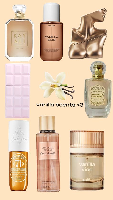 some of my favorite vanilla scents Vanilla Theme Aesthetic, Perfume Collection Vanilla, Vinalla Perfume, Vanilla Fragrance Perfume, Vanilla Scent Combo, Vanilla Perfumes, Vanilla Scents, Fragrances Perfume Woman, Vanilla Perfume