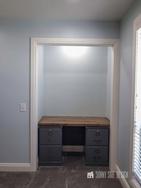 Cloffice: How to Make an Office in a Closet | Sunny Side Design Drop Down Desk In Closet, Closet Sewing Room, Desk In Closet Ideas, Desk In Closet, Office In A Closet, Work Space At Home, Cloffice Ideas, Drop Down Desk, Closet Office