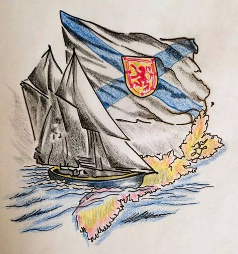 Black and white anchor instead of the boat and add a compass Nova Scotia Tattoo Ideas, Nova Scotia Tattoo, Bluenose Schooner, Scottish Tattoos, Canadian Tattoo, Canada Tattoo, Scotland History, Flag Tattoo, Firewood Storage