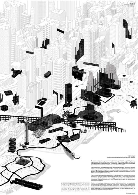 The Anti-Uni – KoozArch Axonometric Drawing, Urban Analysis, Urban Design Graphics, Data Visualization Design, Architecture Presentation Board, Architecture Concept Diagram, Architecture Collage, Concept Diagram, Architecture Graphics