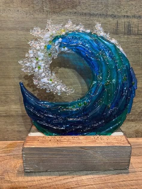 Fused Glass Waves, Fused Glass Wave, Sea Glass Window Art, Surreal Art Painting, Frit Painting, Broken Glass Crafts, Sea Glass Artwork, Glass Art Products, Sea Glass Art Projects