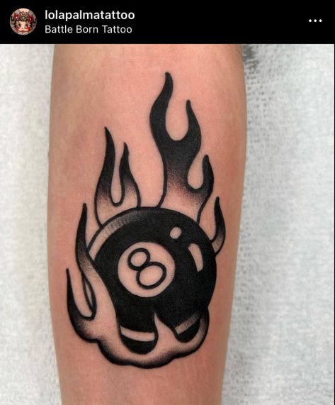 Dice With Flames Tattoo, 8 Ball Tattoo Ideas, Fuzzy Dice Tattoo Traditional, Traditional 8 Ball Tattoo, Flaming 8 Ball Tattoo, 8 Ball Spider Tattoo, Vintage Tattoo Ideas Old School, Cribbage Tattoo, Red And Black Traditional Tattoo