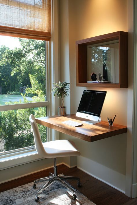 13+ IKEA Desk Hacks To Maximize Your Workspace - DreamyHomeStyle Ikea Pull Out Desk, Tv Mounted Above Desk, Ikea Floating Desk Hack, Ikea Floating Desk, Diy Wood Desk, Ikea Built In, Ikea Desk Hack, Tv Mounted, Desk Hacks