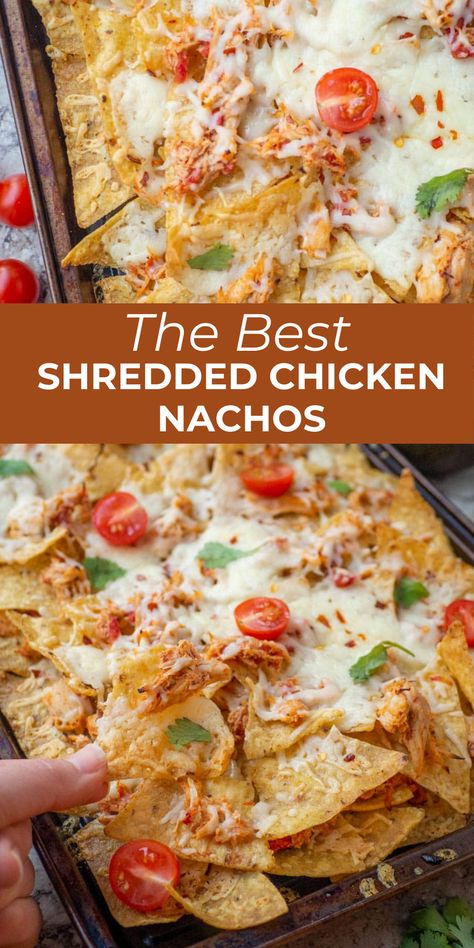 Mexican Chicken Nachos Recipe, Chicken Nachos Recipe Crock Pot, Easy Chicken Nachos Sheet Pan, Sheet Pan Chicken Nachos Recipe, Best Chicken Nachos Recipe, Nachos Chicken Recipe, Shredded Chicken Nachos Recipe Easy, Sheet Pan Nachos Chicken, Baked Shredded Chicken Recipes