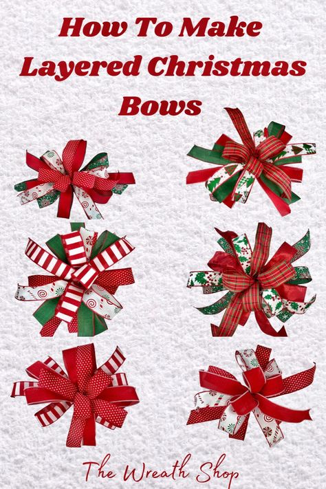 Christmas Ribbon Wreath Tutorial Step By Step, How To Make A Christmas Bow For Presents, How To Make A Flat Bow, Multiple Ribbon Bow, Bow Making Tutorials Videos, How To Make Multi Ribbon Bows, Christmas Tree Bows Diy How To Make, Diy Wreath Bows Tutorial How To Make, How To Make A Layered Bow